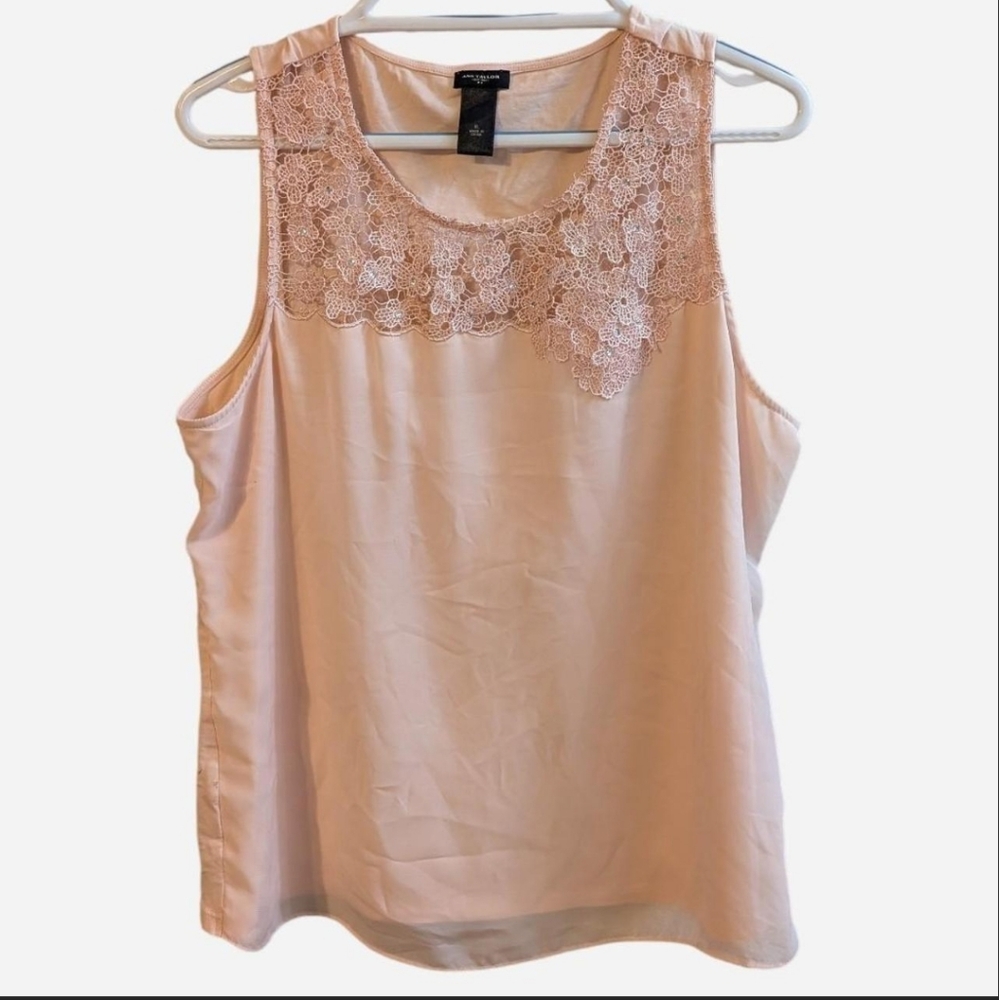 Ann Taylor Blush Pink Sleeveless Semi-Sheer Blouse With Lace Sparkle Detail, XL